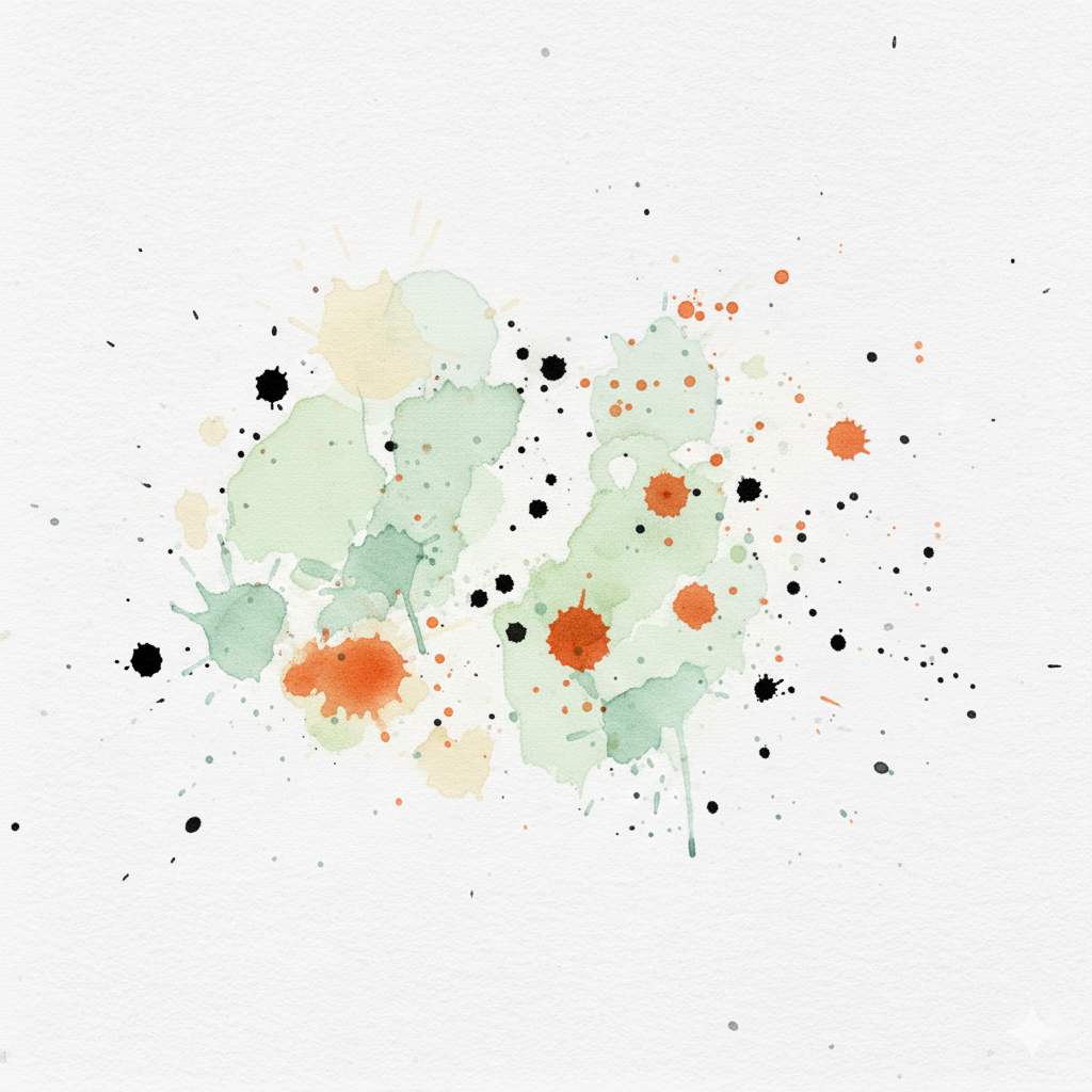 fond aquarelle taches d'encre différente dimensions et coloris vert doux, orange, noir, gris