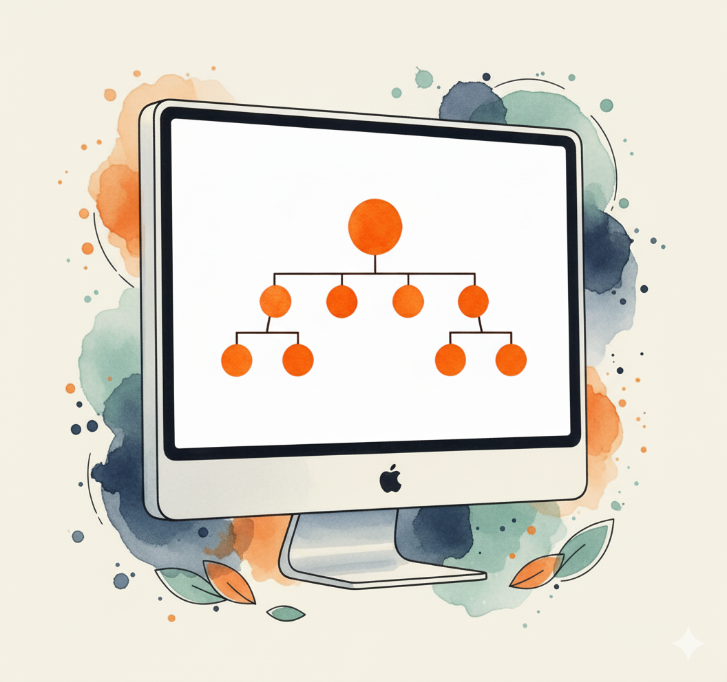 écran d'ordinateur blanc sur lequel on aperçoit en coloris orange un schéma d'arbre généalogique. illustration pour l'étape "DEBUTER SA GENEALOGIE" qui permet de rechercher ses ancêtres.