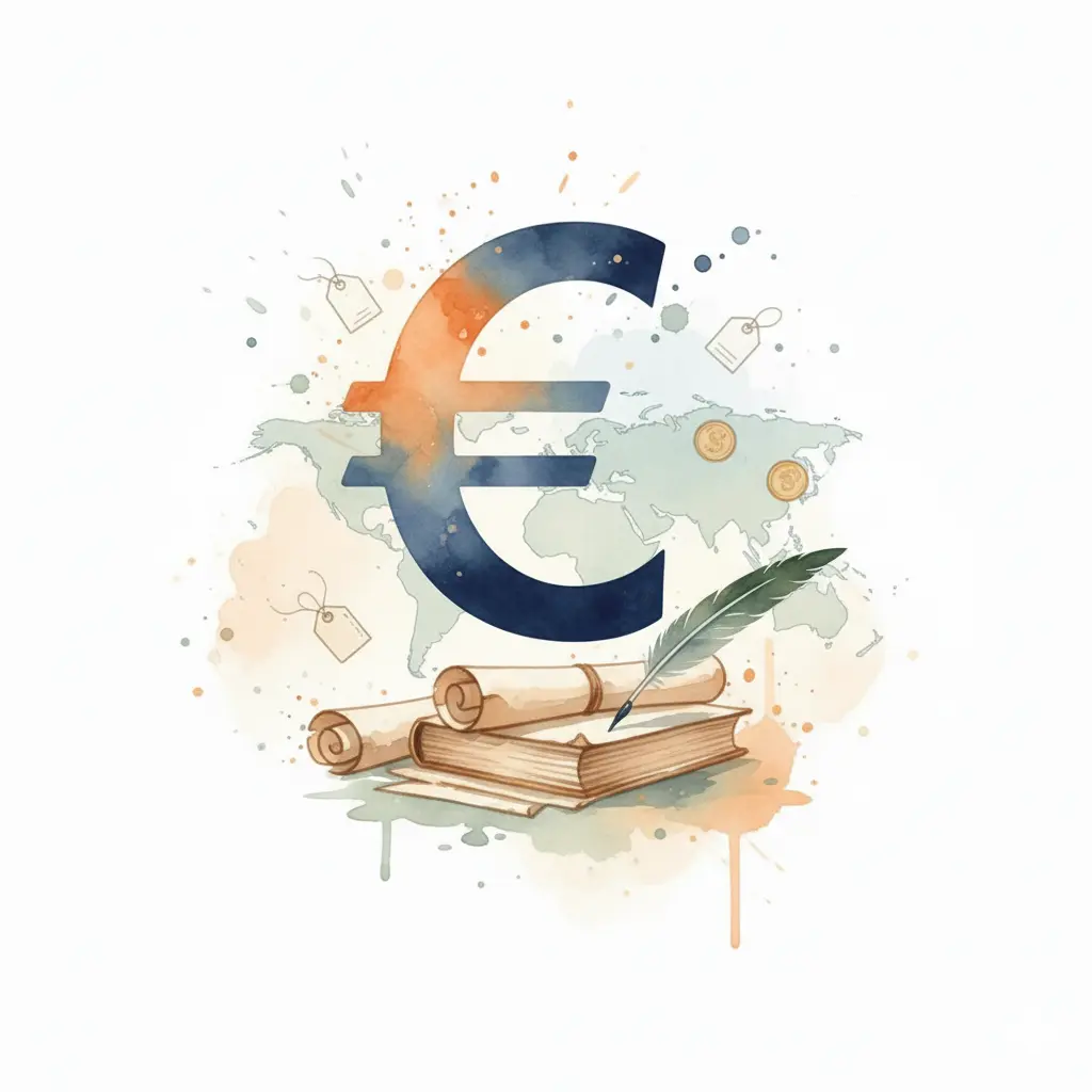 symbole euros sur fond aquarelle, roulaux papier, livre, plume. pour symboliser le tarif de mes services