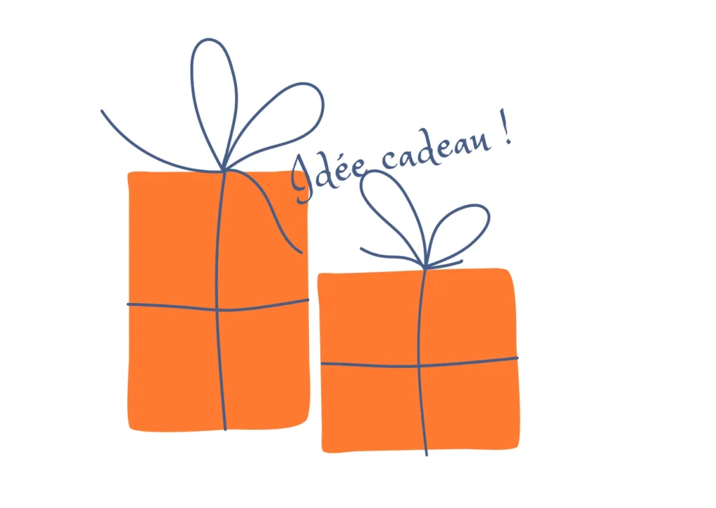 deux paquets cadeaux coloris orange, ficelle bleue avec les mots "idées cadeau ! " pour penser à offrir une généalogie à ses proches. 